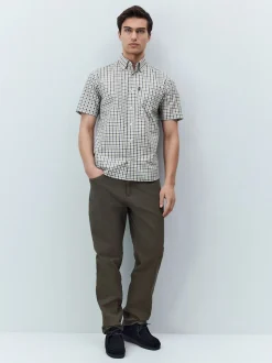 Marineblauw/neutrale gingham-ruit - Strijvrij Oxford overhemd met korte mouwen en knopen