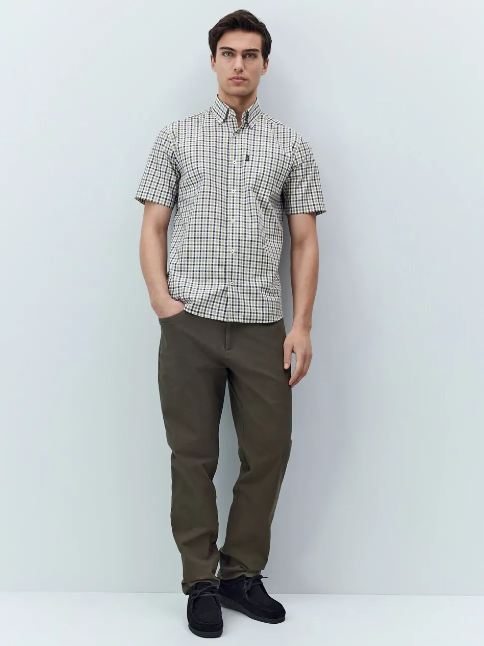 Marineblauw/neutrale gingham-ruit - Strijvrij Oxford overhemd met korte mouwen en knopen