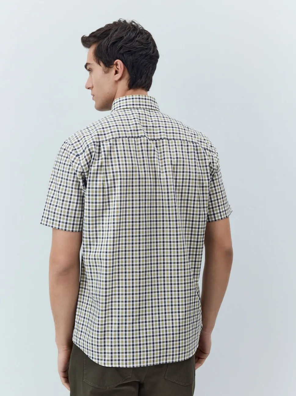 Marineblauw/neutrale gingham-ruit - Strijvrij Oxford overhemd met korte mouwen en knopen