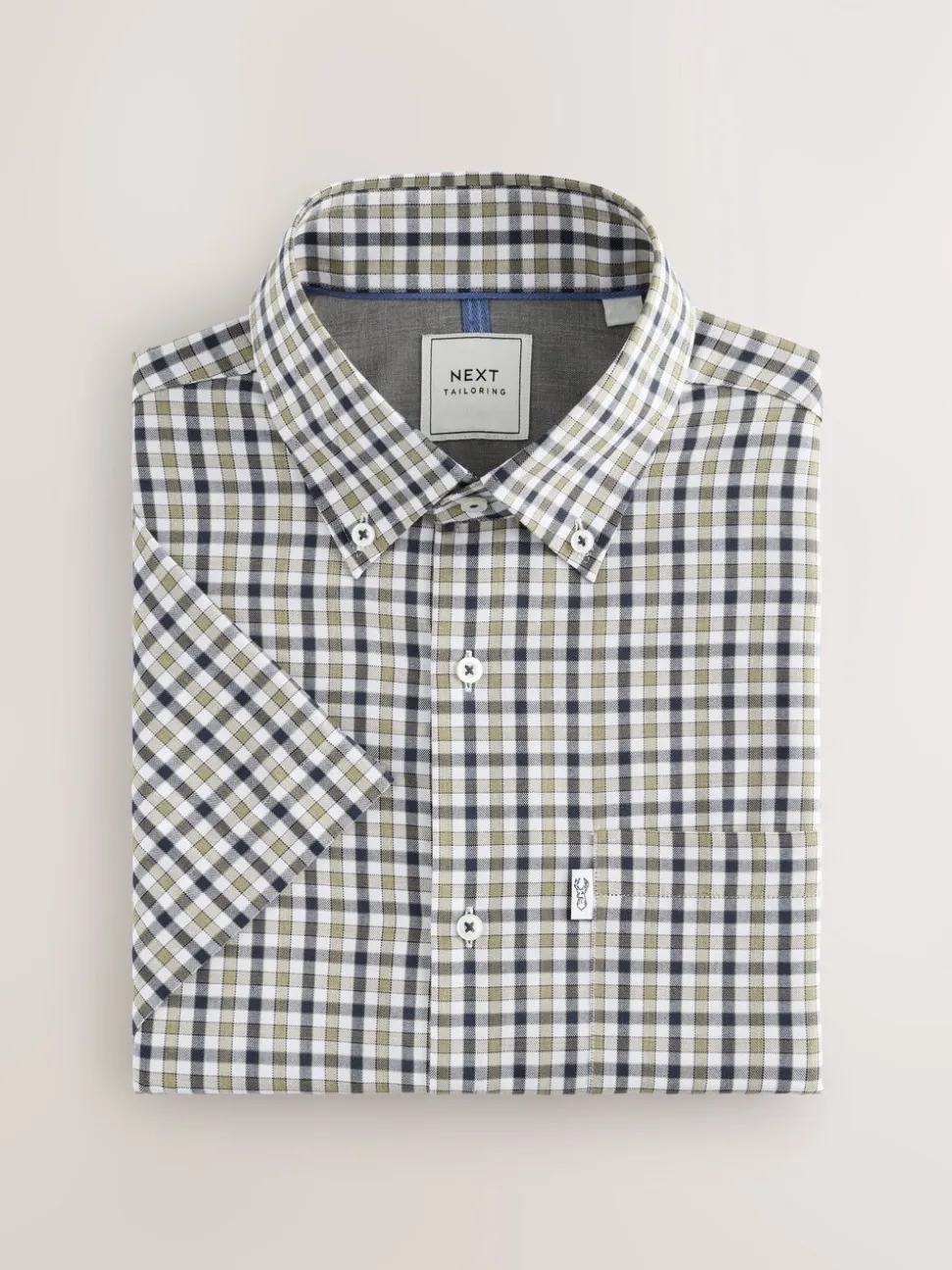 Marineblauw/neutrale gingham-ruit - Strijvrij Oxford overhemd met korte mouwen en knopen