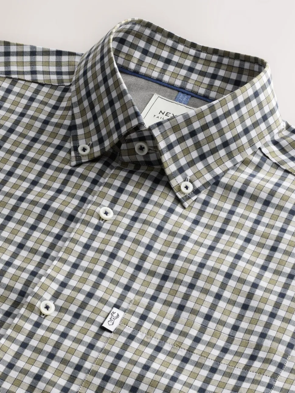 Marineblauw/neutrale gingham-ruit - Strijvrij Oxford overhemd met korte mouwen en knopen