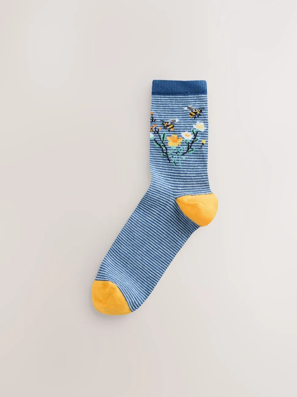 Marineblauw/okergeel met bij - Set van 4 paar enkelsokken