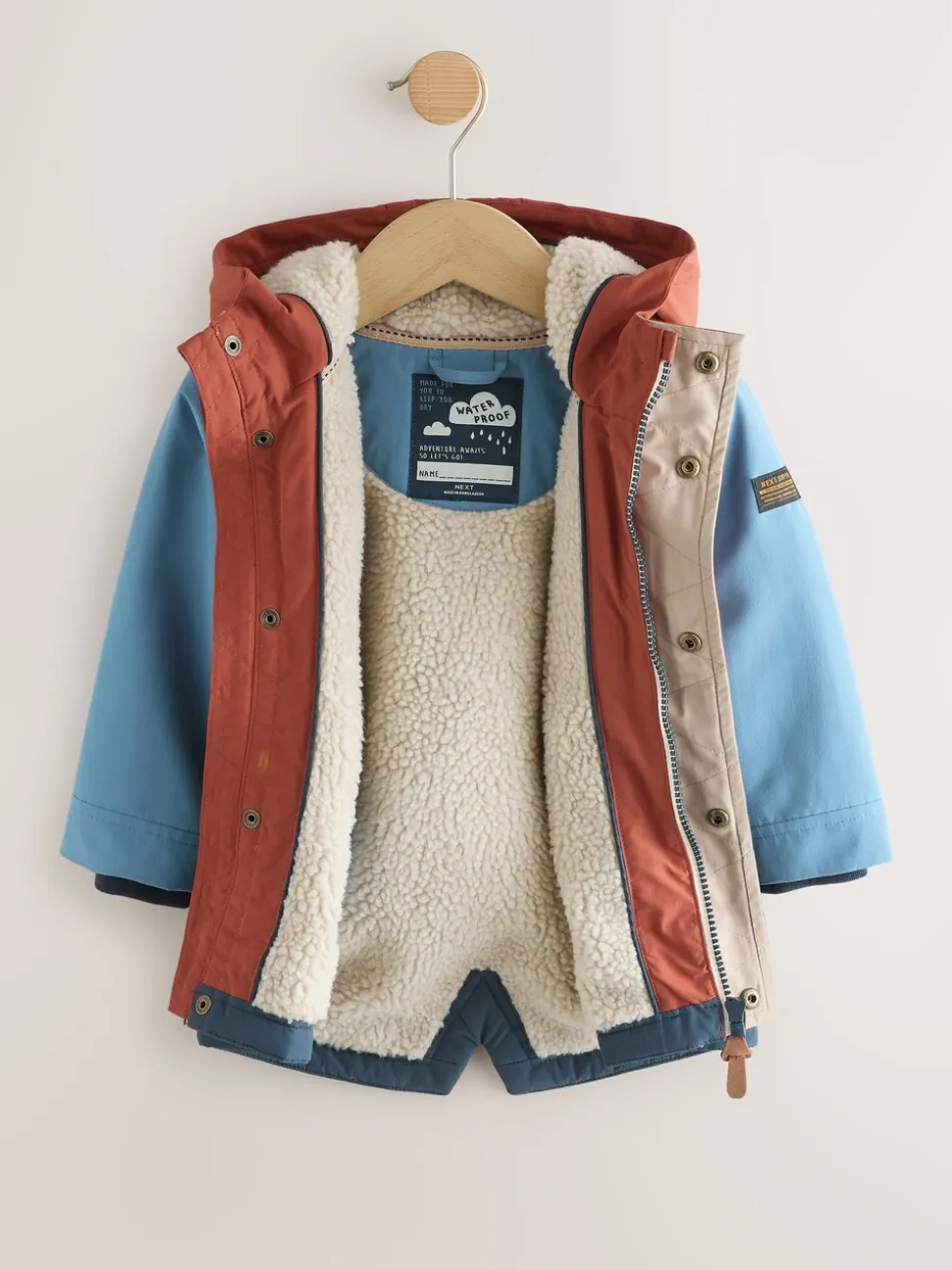 Marineblauw/rood met kleurvlakken - Waterdichte parka met borgvoering (3mnd -7jr)