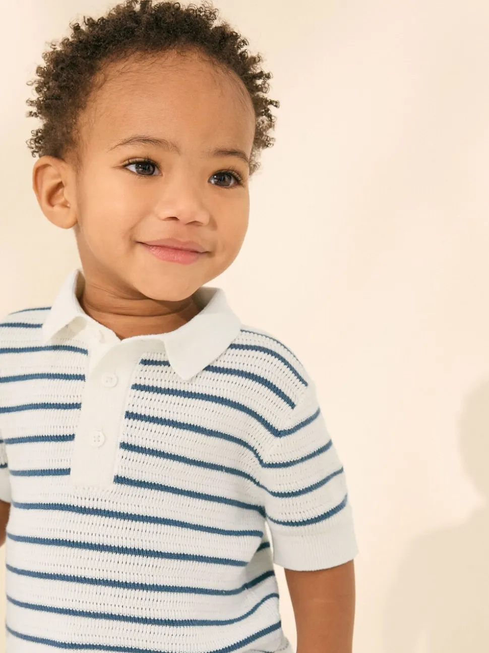 Marineblauw/wit - Gebreid poloshirt met knopen bij de hals van 100% katoen (3 mnd -7 jr)