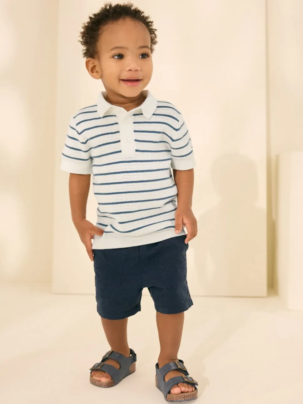 Marineblauw/wit - Gebreid poloshirt met knopen bij de hals van 100% katoen (3 mnd -7 jr)
