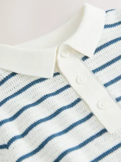 Marineblauw/wit - Gebreid poloshirt met knopen bij de hals van 100% katoen (3 mnd -7 jr)