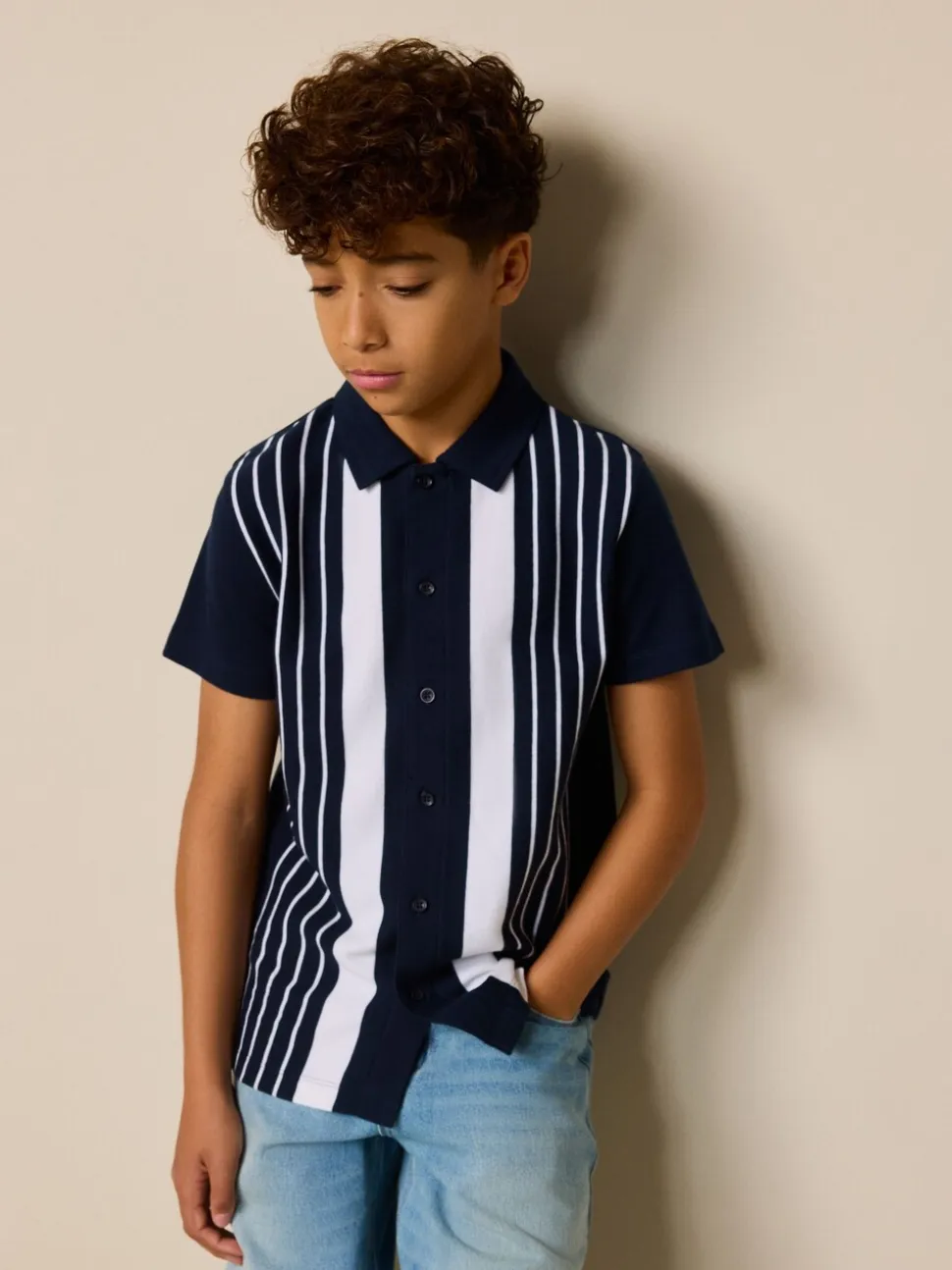 Marineblauw/wit - Vertical Stripe Short Sleeve Jersey Shirt (3-16yrs)