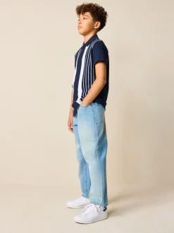 Marineblauw/wit - Vertical Stripe Short Sleeve Jersey Shirt (3-16yrs)