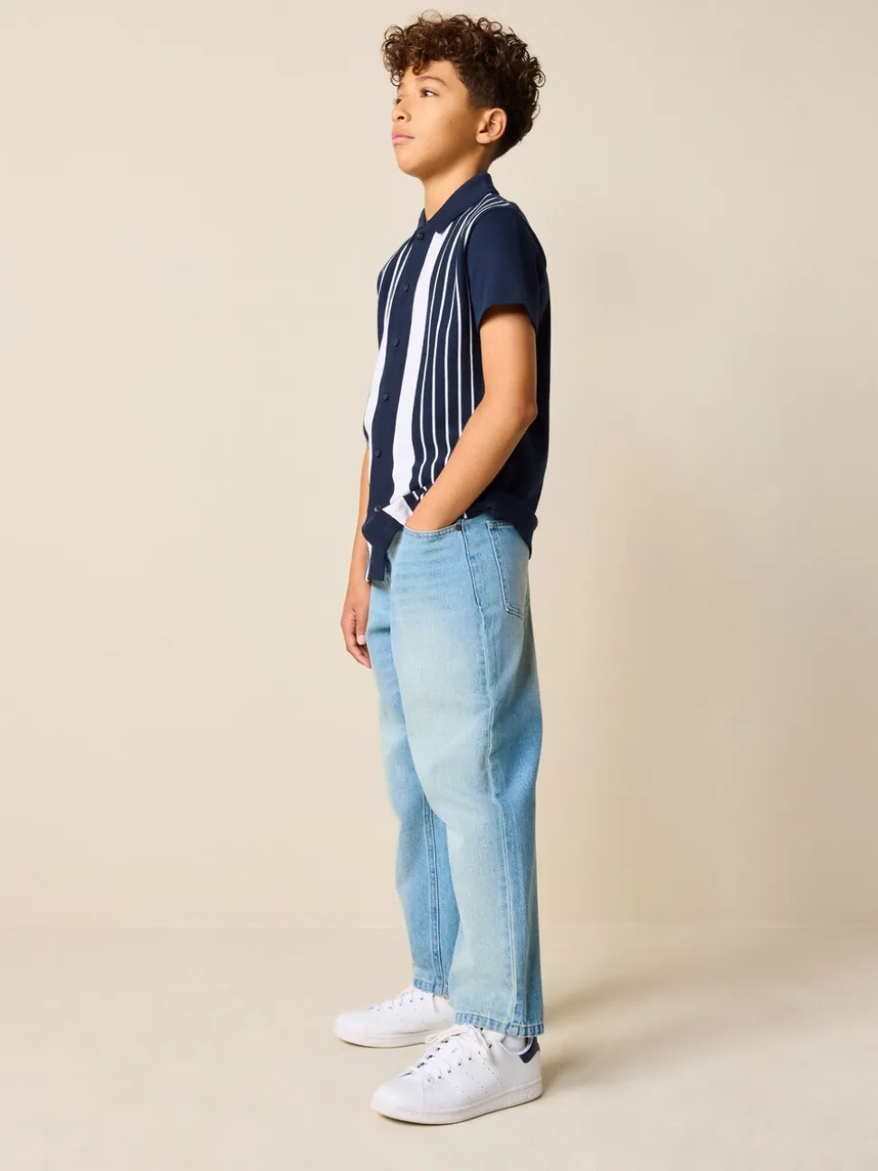 Marineblauw/wit - Vertical Stripe Short Sleeve Jersey Shirt (3-16yrs)