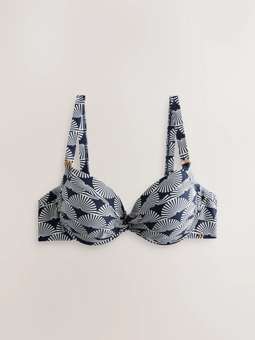 Marineblauw/wit met waaierprint - Buikcorrigerende bikinitop met vulling en beugel