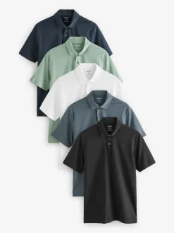 Marineblauw/zwart/grijs/wit/saliegroen - Slim Fit - Set van 5 jersey poloshirts met korte mouwen