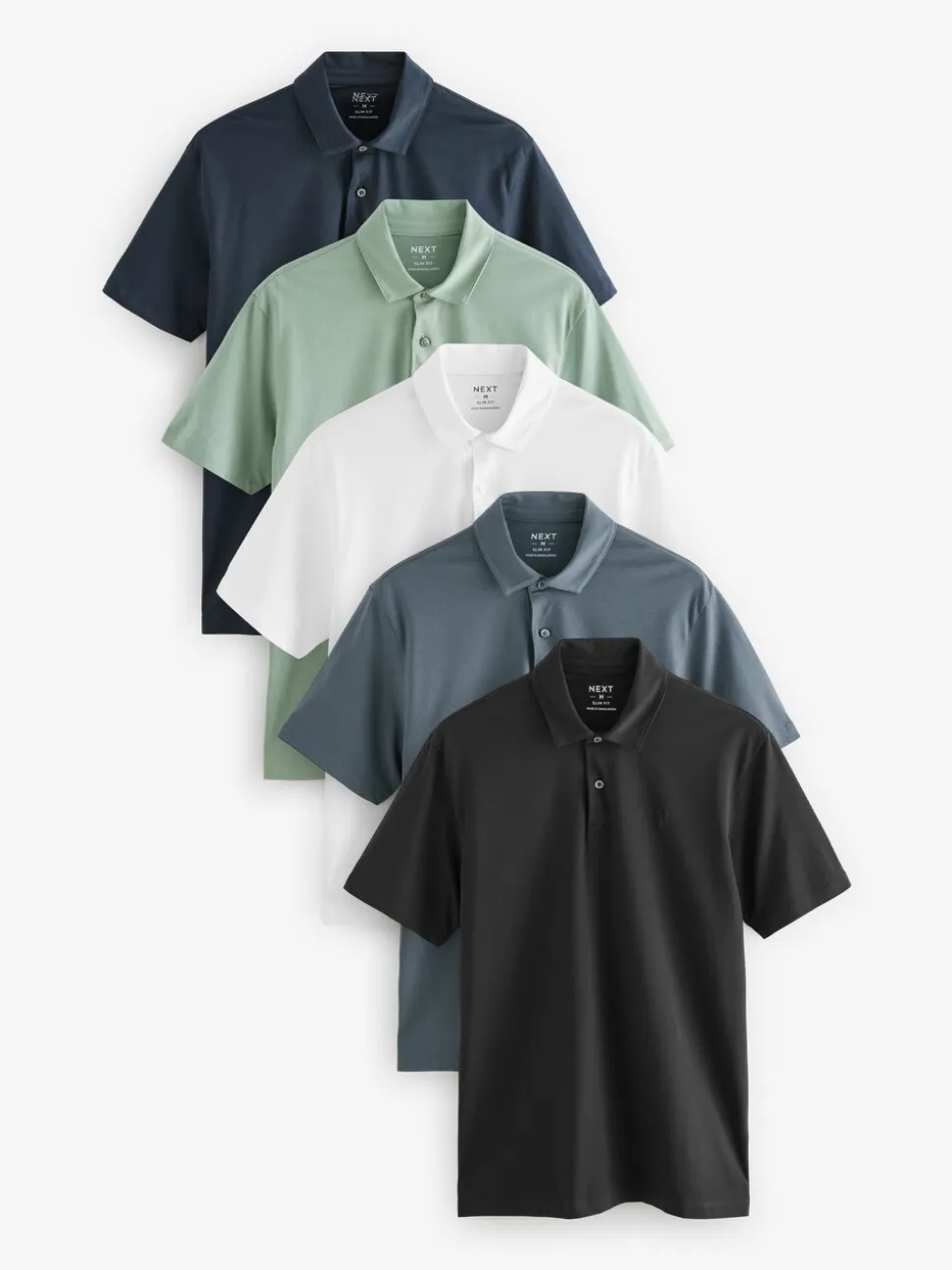 Marineblauw/zwart/grijs/wit/saliegroen - Slim Fit - Set van 5 jersey poloshirts met korte mouwen