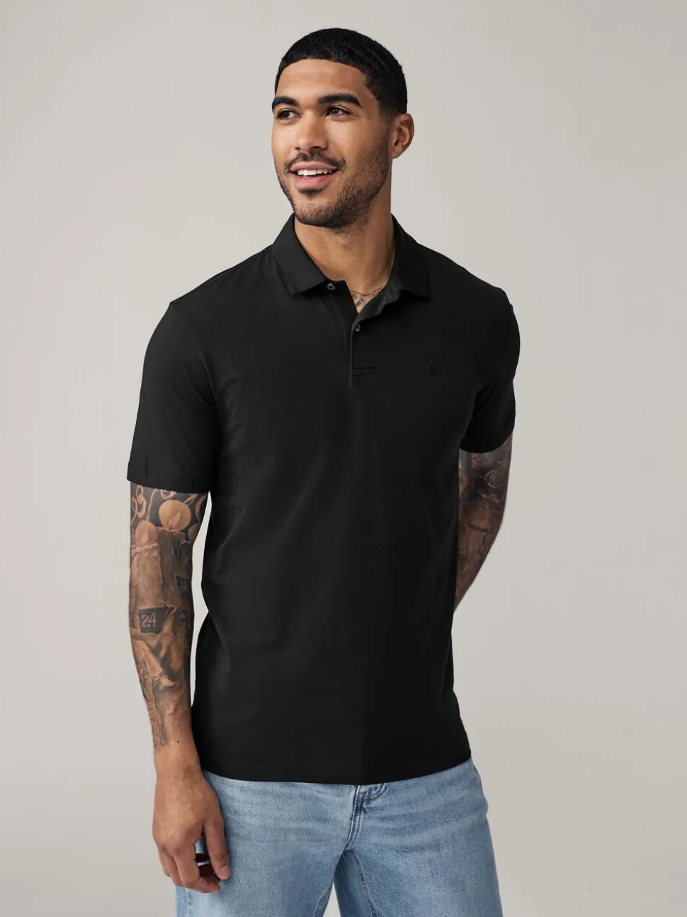 Marineblauw/zwart/grijs/wit/saliegroen - Slim Fit - Set van 5 jersey poloshirts met korte mouwen