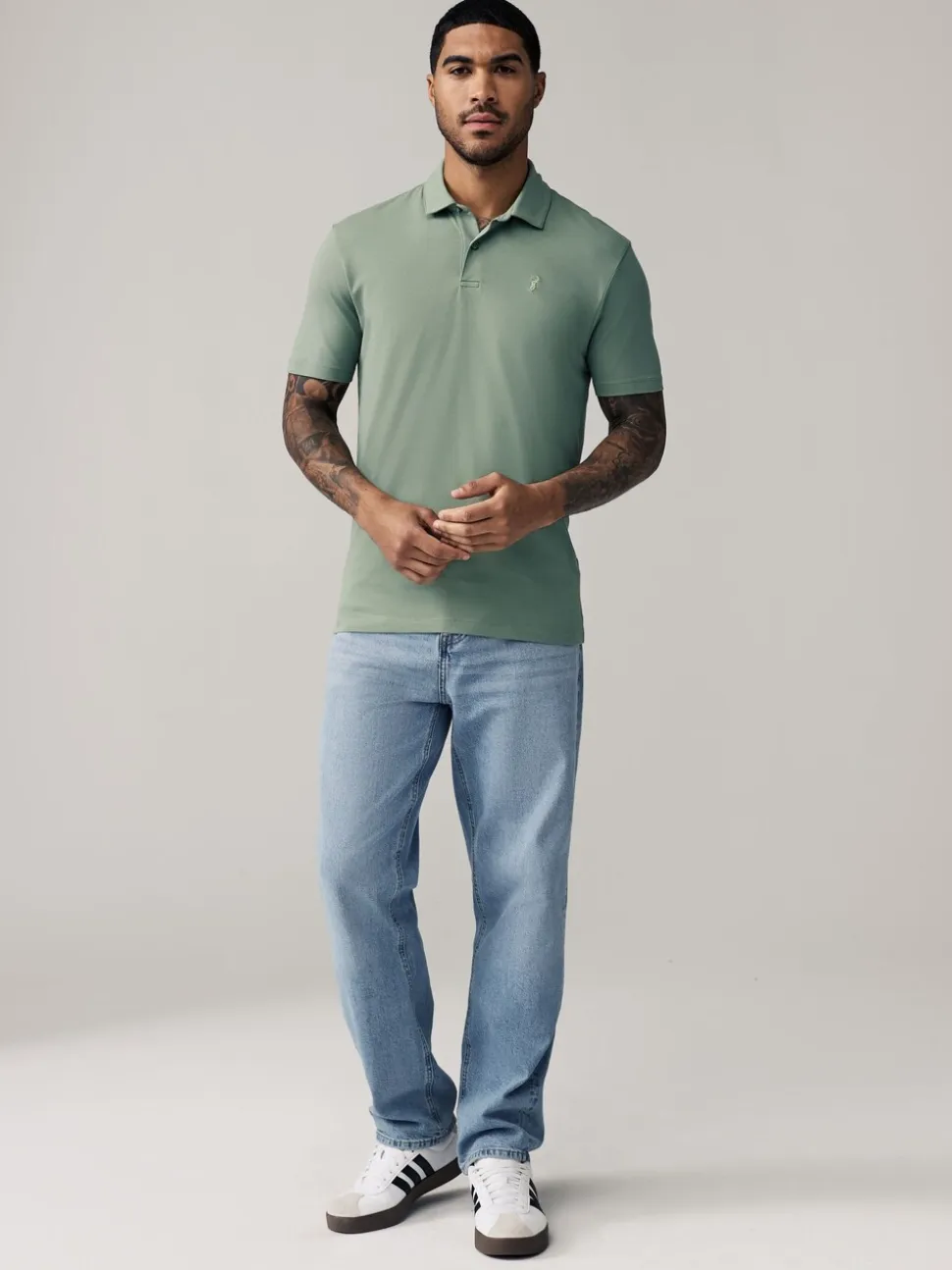 Marineblauw/zwart/grijs/wit/saliegroen - Slim Fit - Set van 5 jersey poloshirts met korte mouwen