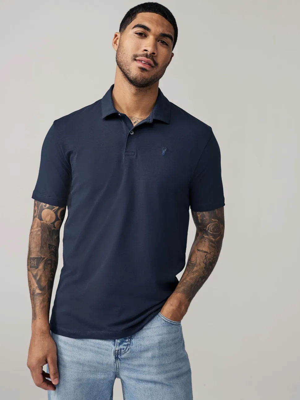 Marineblauw/zwart/grijs/wit/saliegroen - Slim Fit - Set van 5 jersey poloshirts met korte mouwen