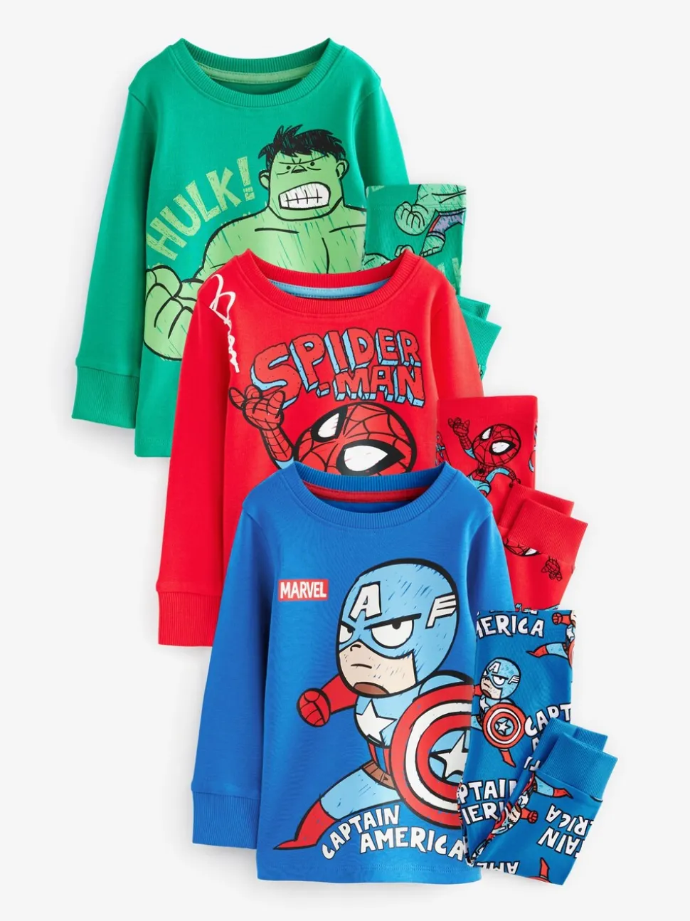 Marvel Rood/groen/blauw - Verpakking van 3 knusse pyjama's (9 mnd-8 jr)