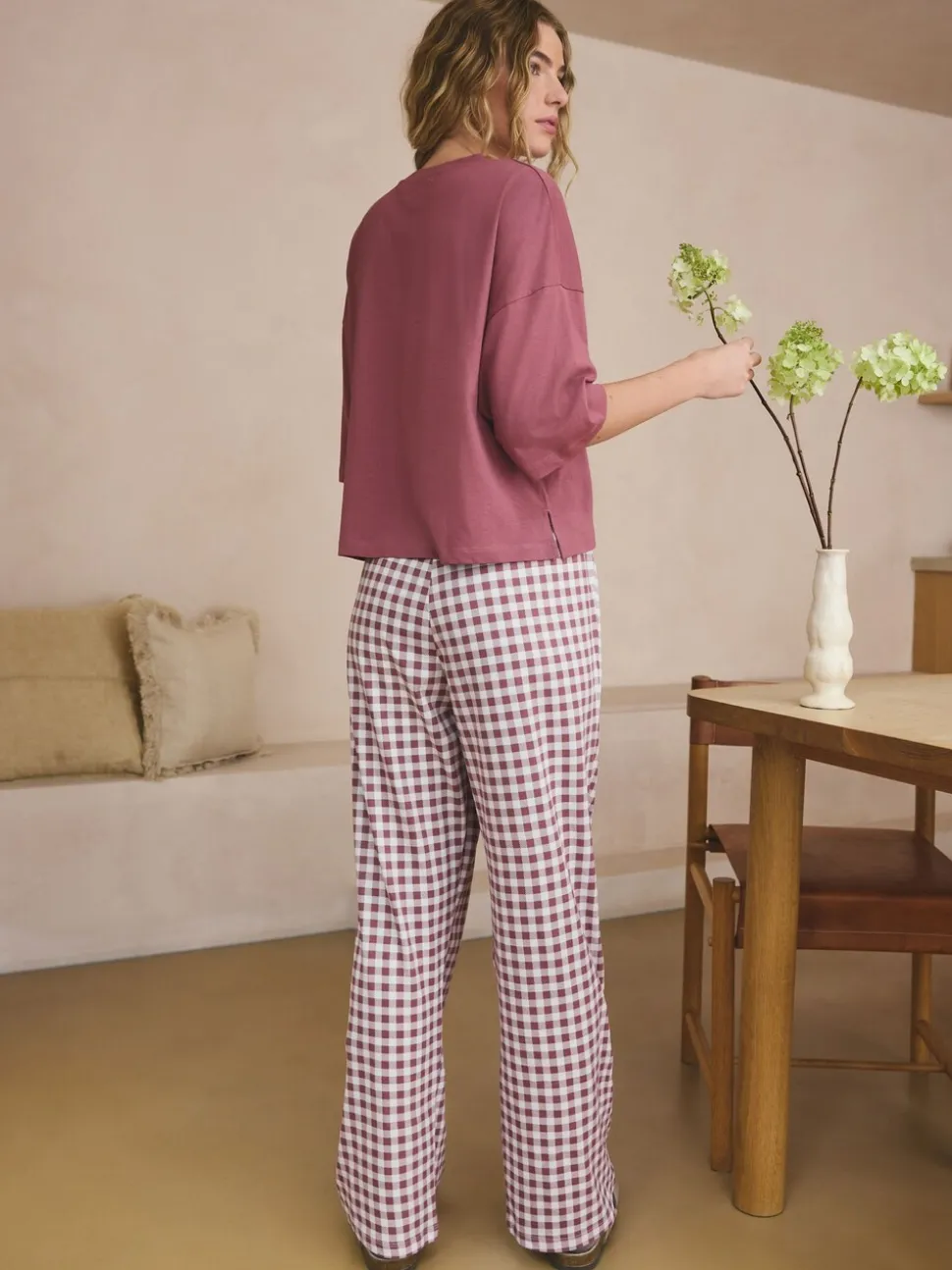 Mauve-paars geruit - Katoenen pyjama met korte mouw