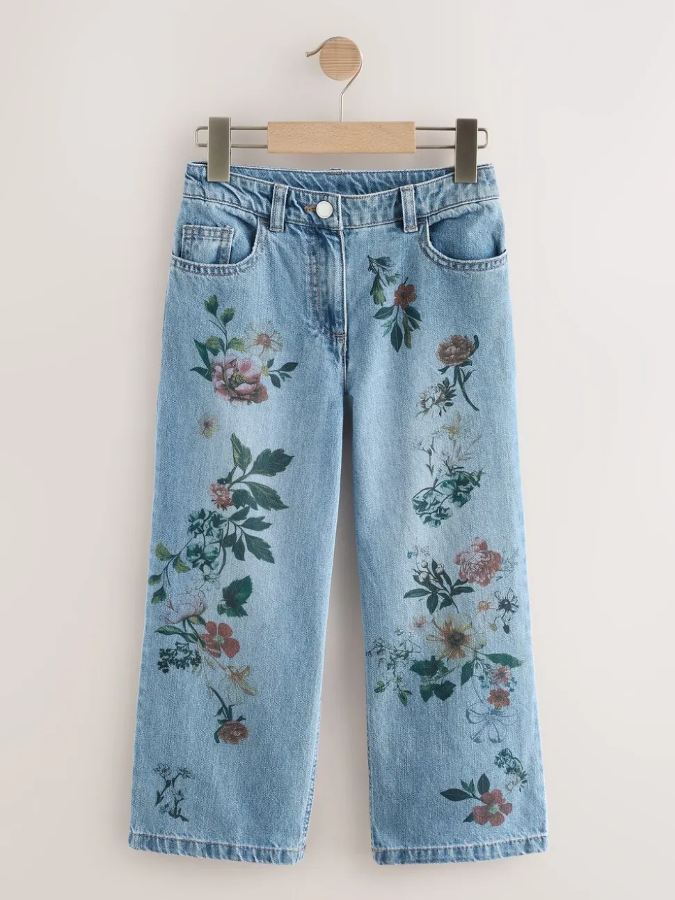 Medium blauwe denim met bloemenprint - Jeans met wijde pijpen (3-16 jr)