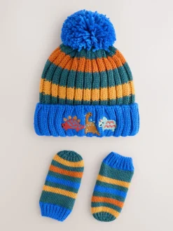 Meerdere kleuren - 2 -delige Set met geborduurde Pompon Muts en Wanten (3mnd -10jr)