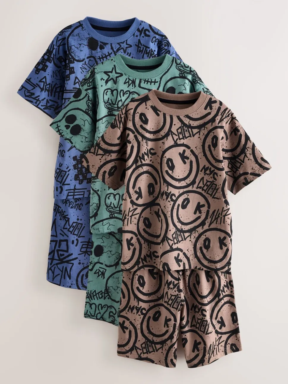 Meerkleurig graffiti - 100% katoenen korte pyjama set van 3 (4 - 16 jr)