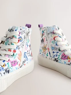 Meerkleurige schetsachtige print - Hoge sneakers met veters