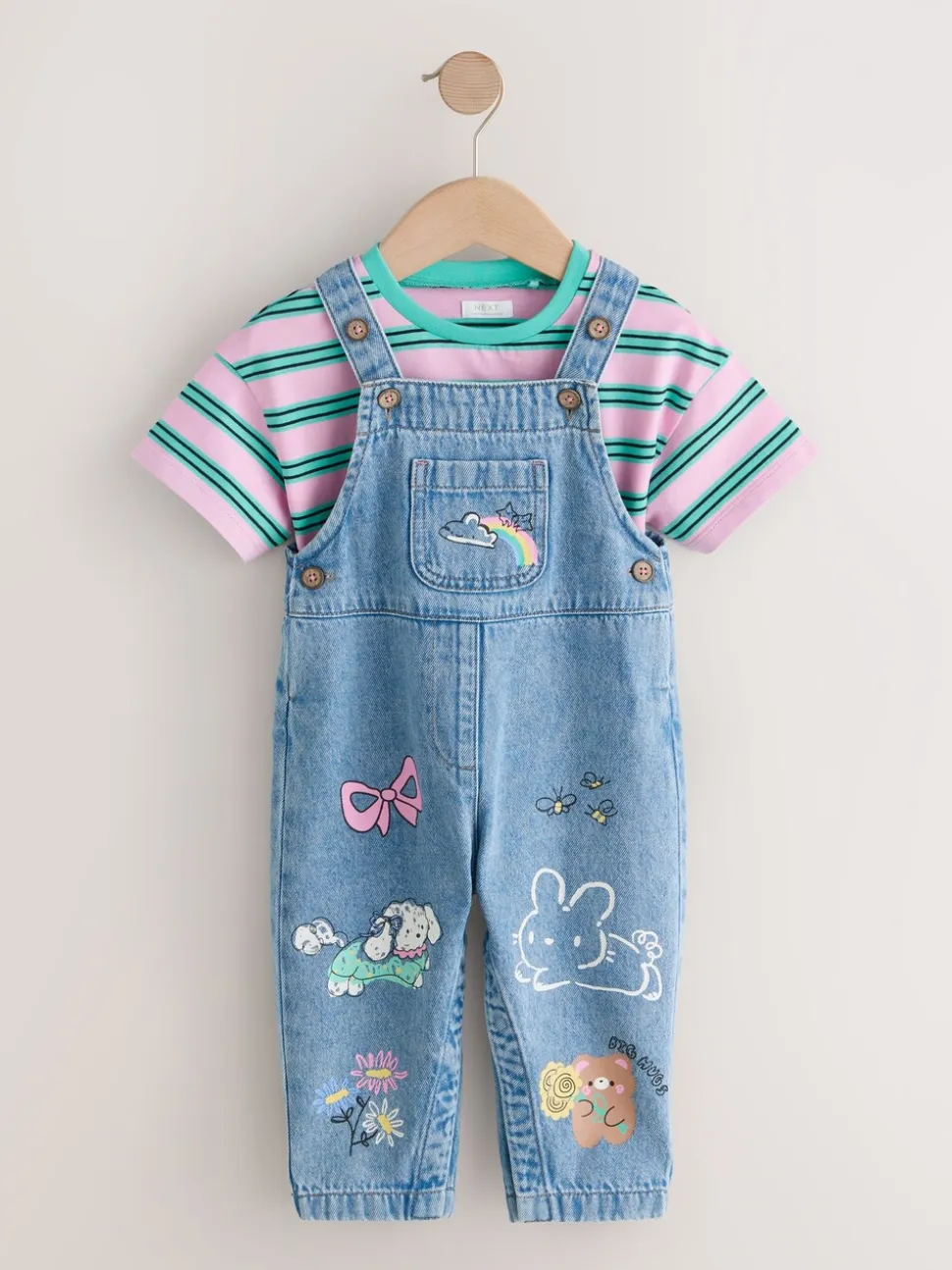 Mid Blue Cat - Printed Denim Dungarees (3mths-7yrs)