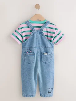 Mid Blue Cat - Printed Denim Dungarees (3mths-7yrs)