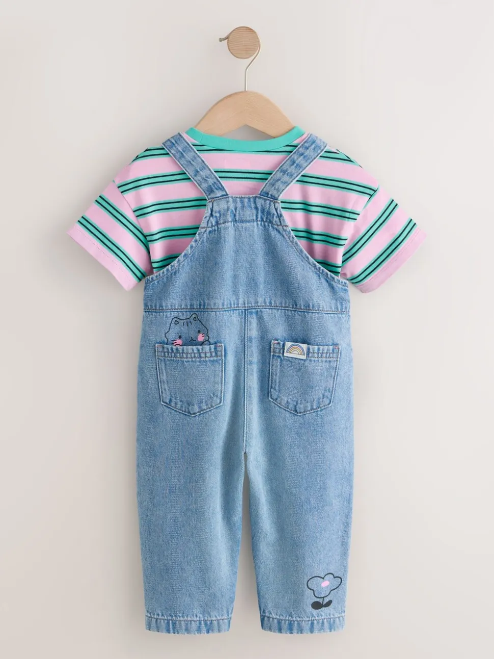 Mid Blue Cat - Printed Denim Dungarees (3mths-7yrs)