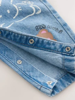 Mid Blue Cat - Printed Denim Dungarees (3mths-7yrs)