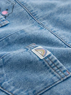 Mid Blue Cat - Printed Denim Dungarees (3mths-7yrs)