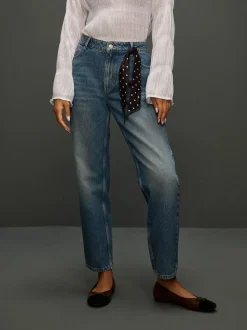 Mid Blue Polka Dot - Mid Rise Ankle Straight Leg Jeans With Scarf