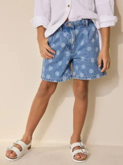 Mid Blue Spot print - Relaxed Denim Pleated Shorts (3-16yrs)