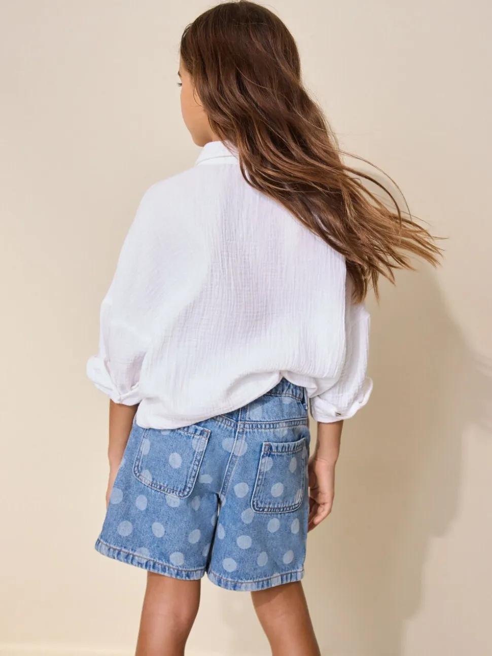 Mid Blue Spot print - Relaxed Denim Pleated Shorts (3-16yrs)