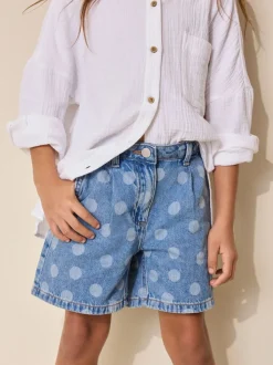 Mid Blue Spot print - Relaxed Denim Pleated Shorts (3-16yrs)