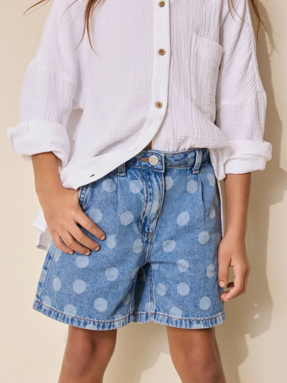 Mid Blue Spot print - Relaxed Denim Pleated Shorts (3-16yrs)