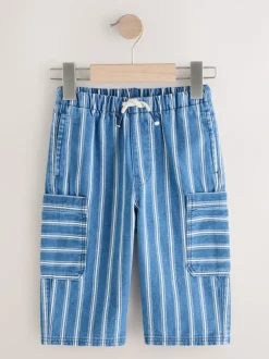 Middelblauwe strepen - 100% katoenen cargobroek met wijde pijpen en elastische taille (3mnd-7jr)