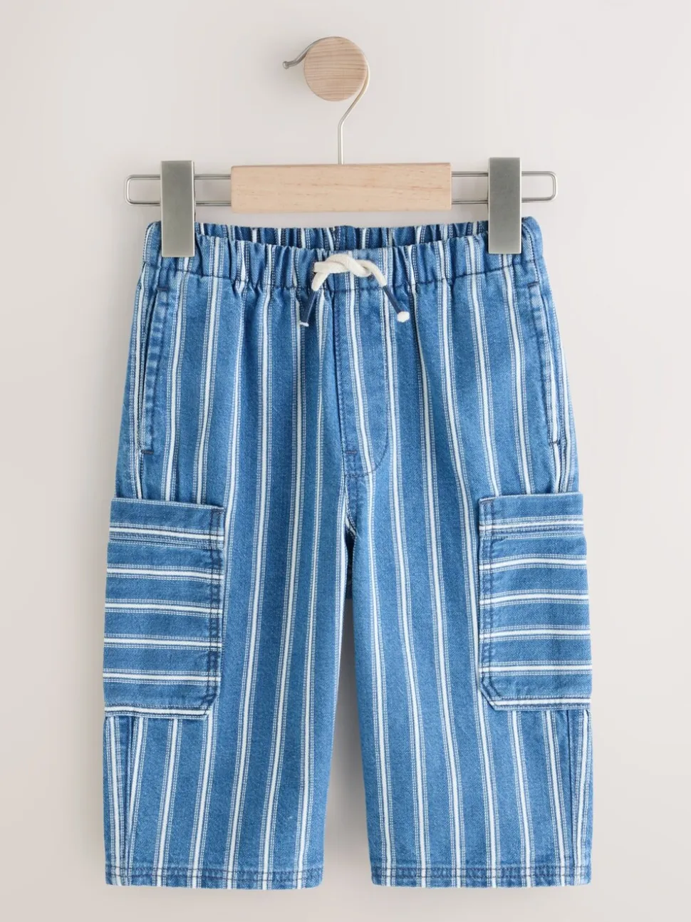 Middelblauwe strepen - 100% katoenen cargobroek met wijde pijpen en elastische taille (3mnd-7jr)