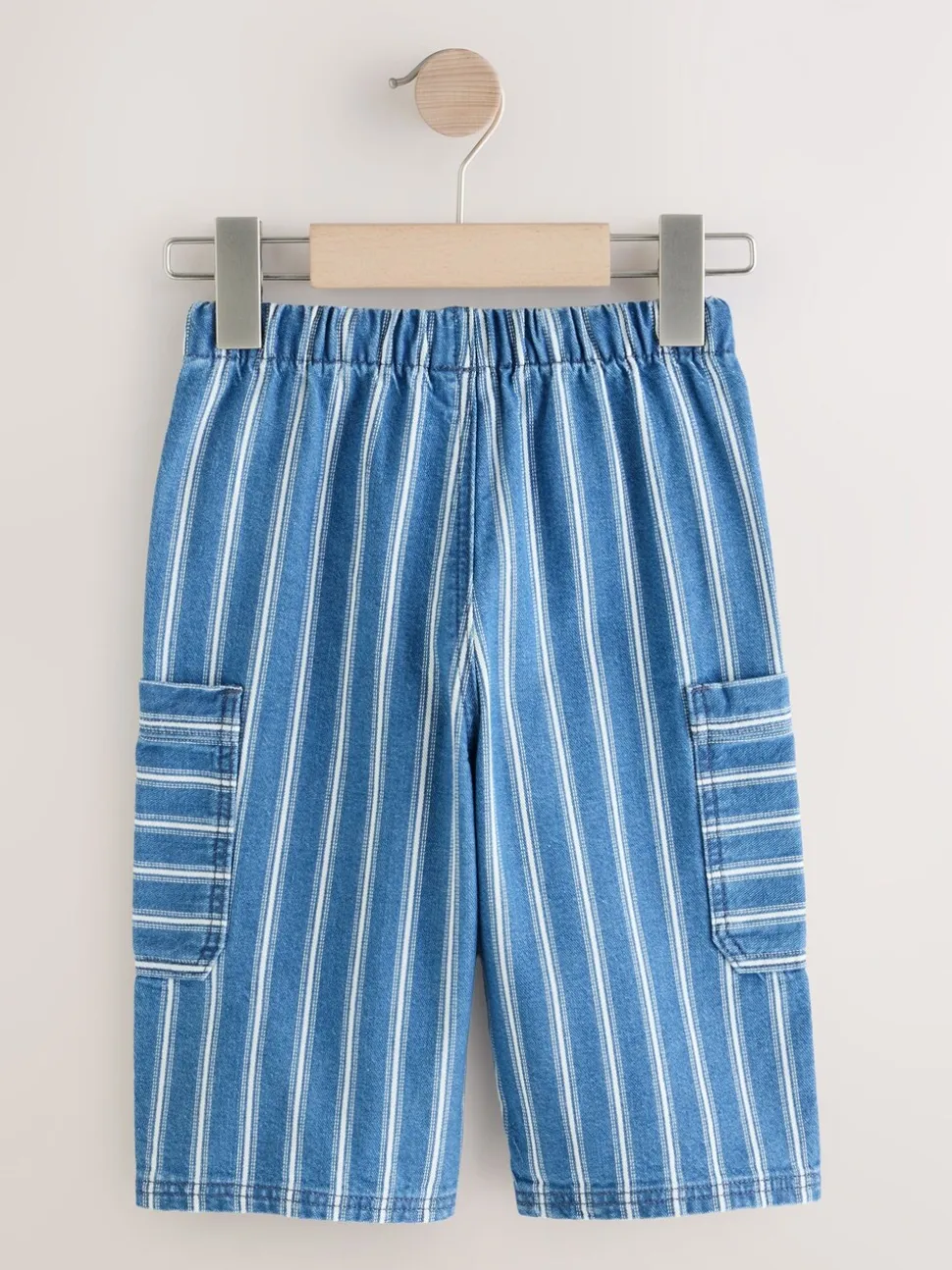 Middelblauwe strepen - 100% katoenen cargobroek met wijde pijpen en elastische taille (3mnd-7jr)