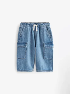 Middenblauw denim - 100% katoenen cargobroek met wijde pijpen en elastische taille (3mnd-7jr)