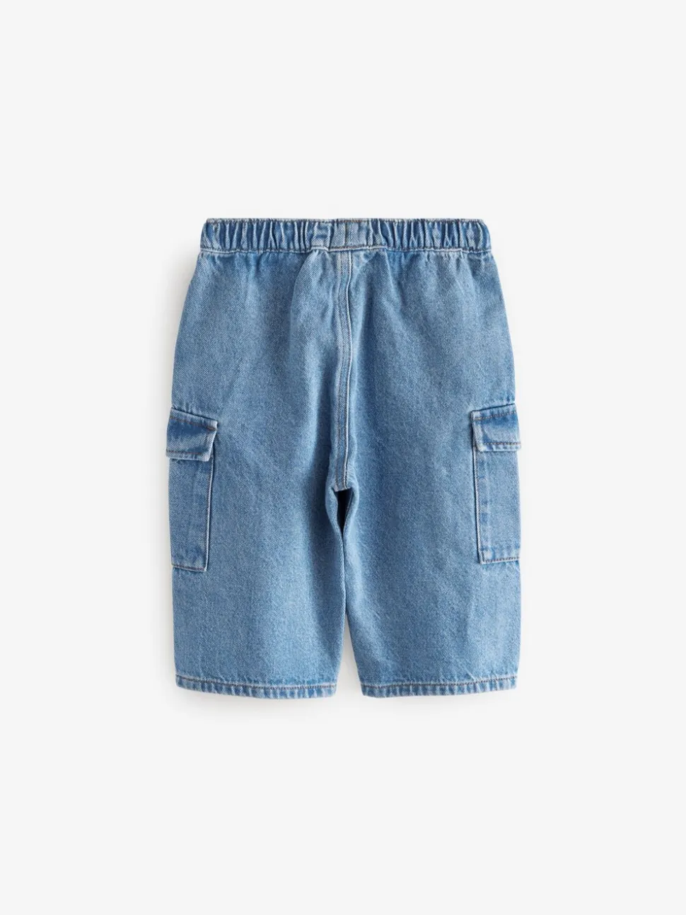 Middenblauw denim - 100% katoenen cargobroek met wijde pijpen en elastische taille (3mnd-7jr)