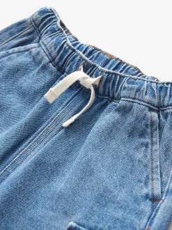 Middenblauw denim - 100% katoenen cargobroek met wijde pijpen en elastische taille (3mnd-7jr)