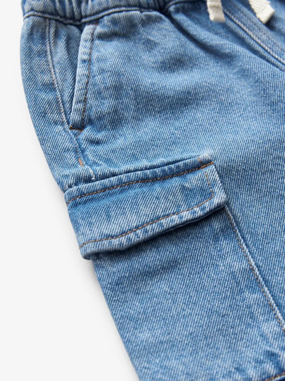 Middenblauw denim - 100% katoenen cargobroek met wijde pijpen en elastische taille (3mnd-7jr)