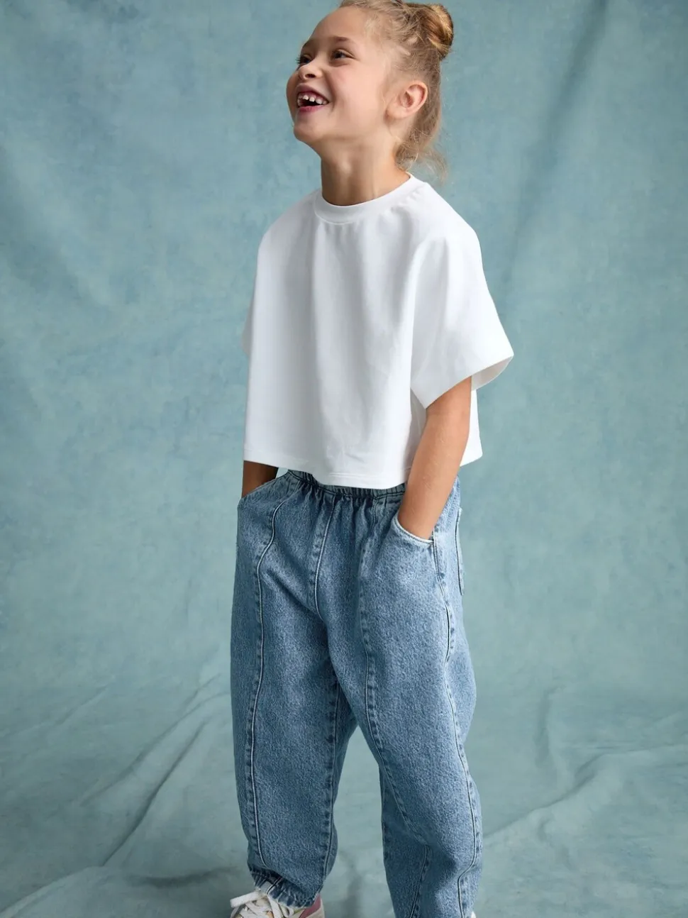 Middenblauw denim - Barrel jeans met elastische taille (3-16jr)