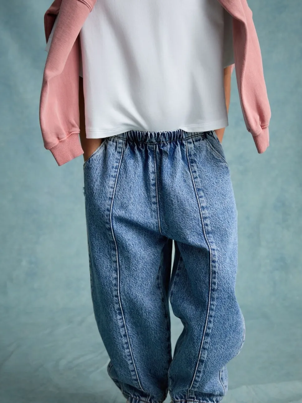 Middenblauw denim - Barrel jeans met elastische taille (3-16jr)