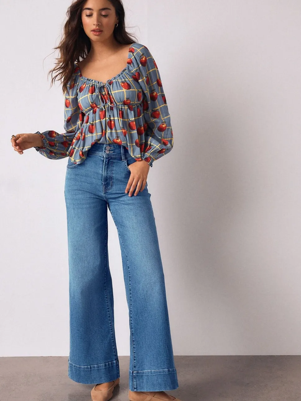 Middenblauw denim - High Rise stretchy Jeans met wijde pijpen
