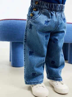Middenblauw denim - Jeans met strikborduursel (3mnd -7jr)