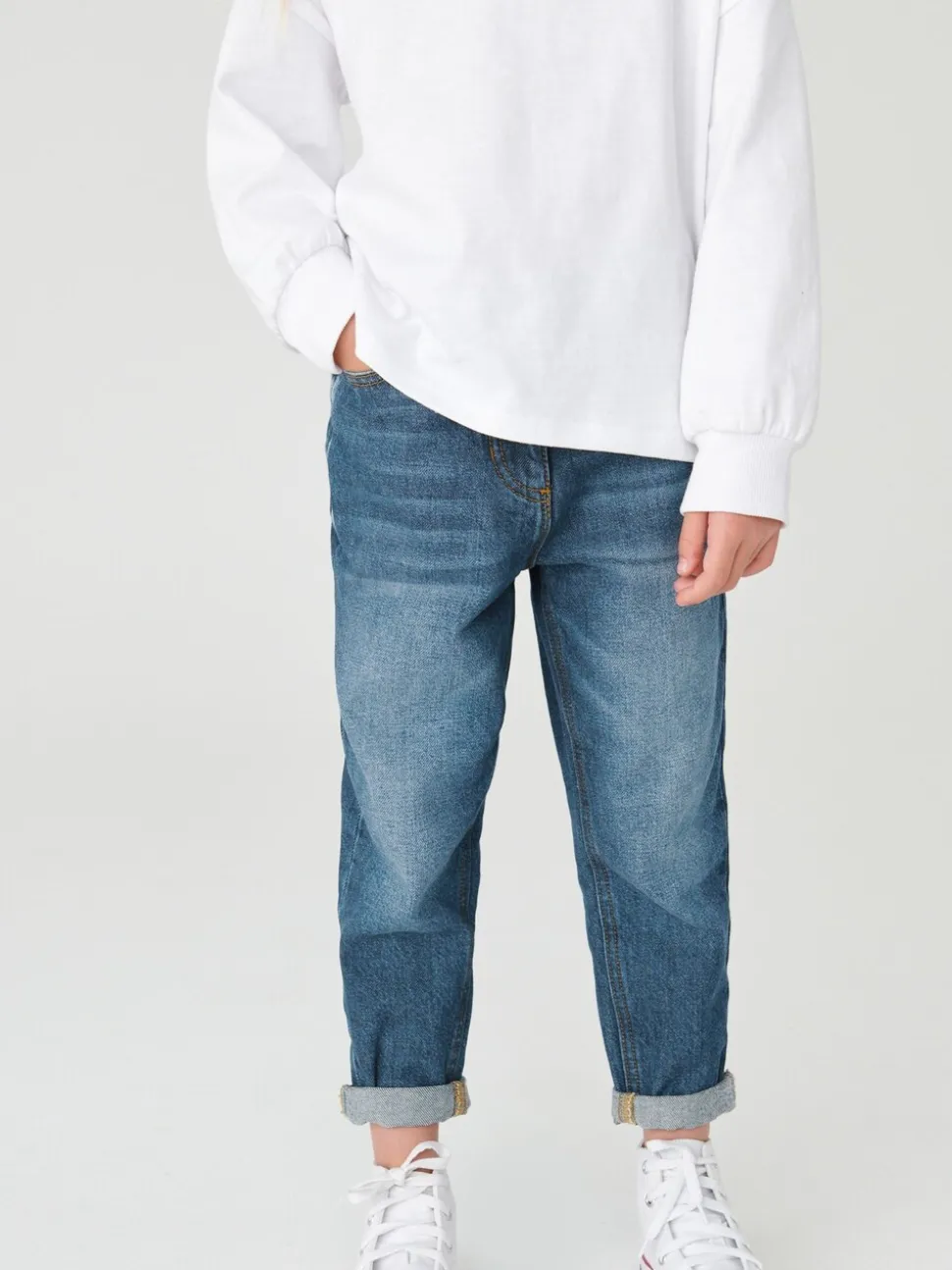Middenblauw denim - Mom 100% katoenen jeans (3-16jaar)