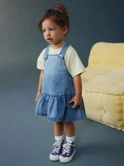 Middenblauw denim - Peplum Pinafore Dress (3mths-8yrs)