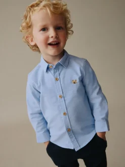 Middenblauw met figuur - Oxford-overhemd met lange mouwen (3 mnd-7 jr)