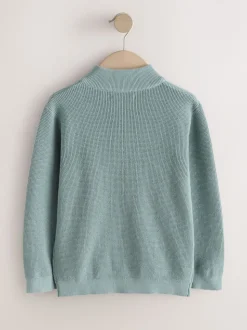 Mineraalblauw - Textured Knitted Zip Neck Jumper (3-16yrs)